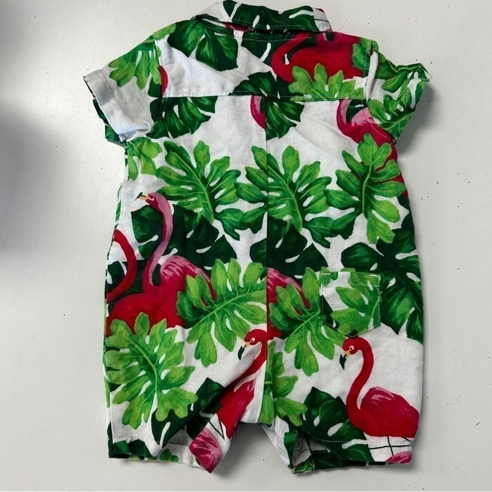 Janie & Jack Baby Tropical Flamingo Linen Romper 0-3M 🦩